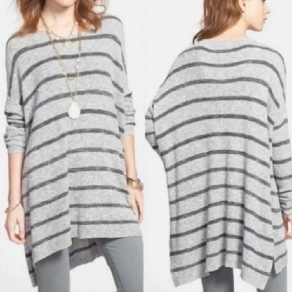 FREE PEOPLE Shipping News Gray Striped Knit Tunic Sweater Oversized Sz M